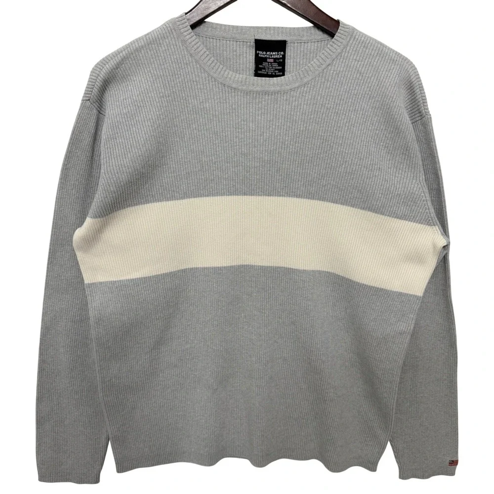 Vintage‎ Japan Polo Jeans Co Ralph Lauren Sweater Mens L Grey Ribbed Knit Stripe